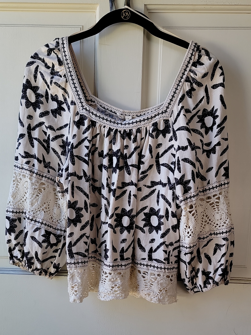 Boho White & Black Crochet Trim Peasant Top